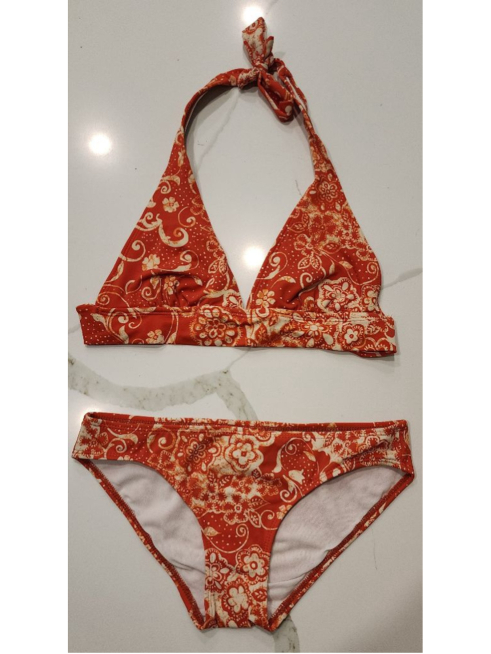 Pool Party Orange Floral Halter Bikini Set Womens XS Triangle Top Cheeky Bottoms - Picture 8 of 12